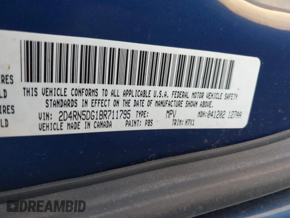 2011 Dodge Grand Caravan Crew with VIN 2D4RN5DG1BR711795, listed as a IAAI auction lot 42202899 with 185,524 mi miles and . Bid and sale history available at DreamBid. Image 9.