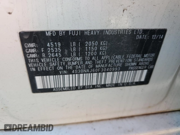 2015 Subaru Legacy 2.5i Limited with VIN 4S3BNAJ60F3040993, listed as a Copart auction lot 54344335 with 160,583 mi miles and Salvage Title. Bid and sale history available at carsss.com. Image 12.
