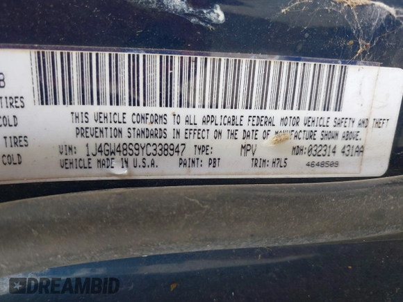 2000 Jeep Grand Cherokee Laredo z VIN 1J4GW48S9YC338947, wystawiony jako IAAI lot #42545830 z przebiegiem 234 251 mil mil oraz . Historia ofert i sprzedaży dostępna na DreamBid. Obrazek 9.