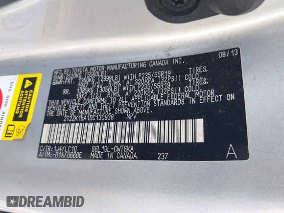 2013 Lexus RX 350 with VIN 2T2ZK1BA1DC130938, listed as a IAAI auction lot 42128224 with Not provided miles and . Bid and sale history available at DreamBid. Image 9.