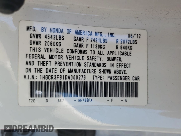 2013 Honda Accord Touring with VIN 1HGCR3F91DA000276, listed as a Copart auction lot 60931425 with 146,661 mi miles and Salvage title. Bid and sale history available at DreamBid. Image 13.