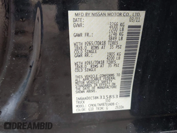 2011 Nissan Titan SL с VIN 1N6AA0EC5BN315853, выставлен на аукционе IAAI как лот 42340624 с пробегом 162 074 миль миль и . История ставок и продаж доступна на DreamBid. Изображение 9.