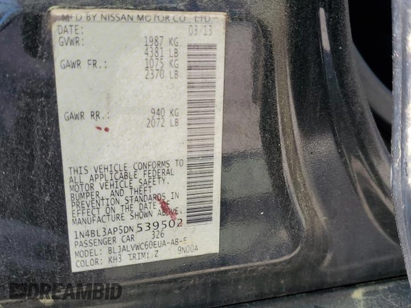 2013 Nissan Altima SV with VIN 1N4BL3AP5DN539502, listed as a Copart auction lot 53562435 with 137,205 mi miles and Clean Title. Bid and sale history available at DreamBid. Image 12.