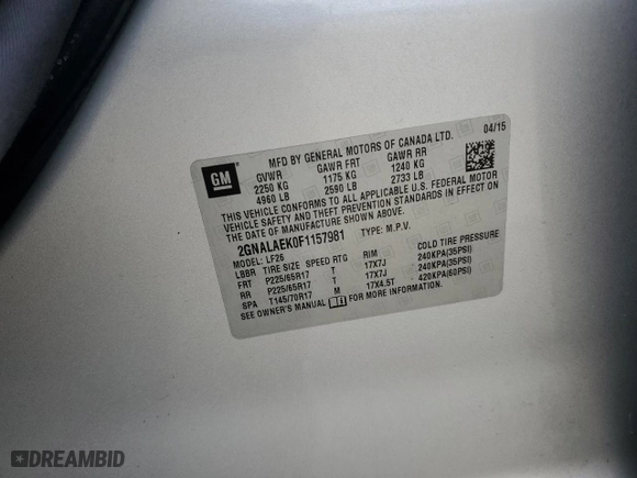 2015 Chevrolet Equinox LS with VIN 2GNALAEK0F1157981, listed as a Copart auction lot 53053995 with 164,341 mi miles and Clean Title. Bid and sale history available at carsss.com. Image 12.