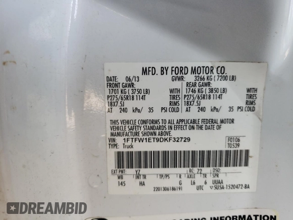 2013 Ford F-150 XL with VIN 1FTFW1ET9DKF32729, listed as a Copart auction lot 54926175 with Not Provided miles and Clean Title. Bid and sale history available at carsss.com. Image 13.