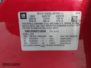 2015 Chevrolet Equinox LT with VIN 1GNFLFEK8FZ106948, listed as a IAAI auction lot 41958656 with 108,881 mi miles. Bid and sale history available at carsss.com. Image 9.
