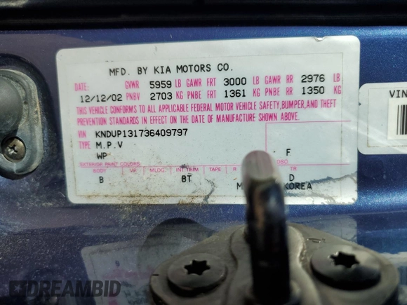 2003 Kia Sedona LX with VIN KNDUP131736409797, listed as a Copart auction lot 46902855 with 142,091 mi miles and Salvage Title. Bid and sale history available at carsss.com. Image 16.