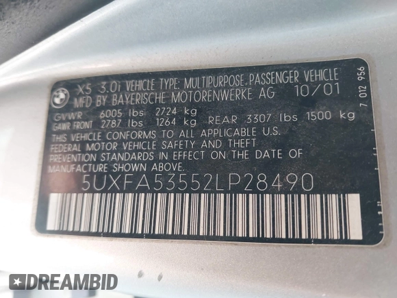 2002 BMW X5 3.0i with VIN 5UXFA53552LP28490, listed as a IAAI auction lot 42120379 with 137,272 mi miles. Bid and sale history available at carsss.com. Image 9.