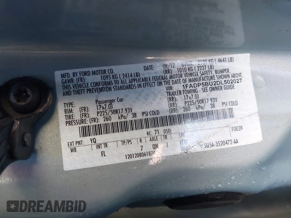 2013 Ford C-Max SEL with VIN 1FADP5BU2DL502027, listed as a IAAI auction lot 41550238 with 125,975 mi miles and . Bid and sale history available at DreamBid. Image 9.