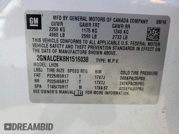 2017 Chevrolet Equinox LT with VIN 2GNALCEK8H1516038, listed as a Copart auction lot 50855435 with 117,039 mi miles and Salvage Title. Bid and sale history available at carsss.com. Image 15.