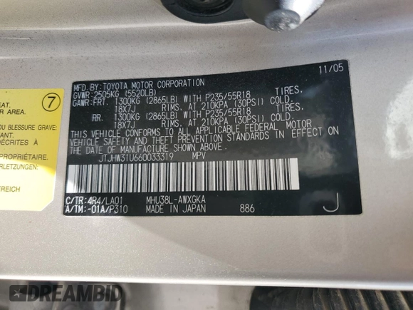 2006 Lexus RX 400h with VIN JTJHW31U660033319, listed as a Copart auction lot 62395705 with 246,546 mi miles and Clean title. Bid and sale history available at DreamBid. Image 13.