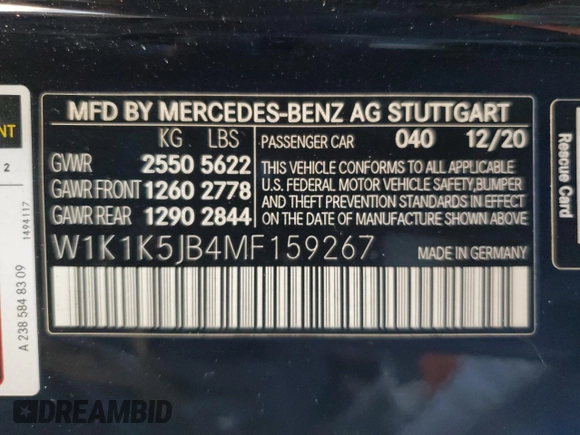 2021 Mercedes-Benz E 450 with VIN W1K1K5JB4MF159267, listed as a Copart auction lot 74945184 with 49,924 mi miles and Salvage title. Bid and sale history available at DreamBid. Image 12.