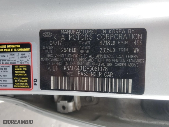 2017 Kia Cadenza Technology with VIN KNALC4J12H5081078, listed as a Copart auction lot 81816954 with 102,471 mi miles and Salvage Title. Bid and sale history available at carsss.com. Image 12.