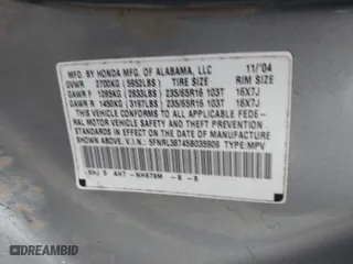 2005 Honda Odyssey EX-L with VIN 5FNRL38745B035909, listed as a IAAI auction lot 41717426 with 292,297 mi miles. Bid and sale history available at carsss.com. Image 9.