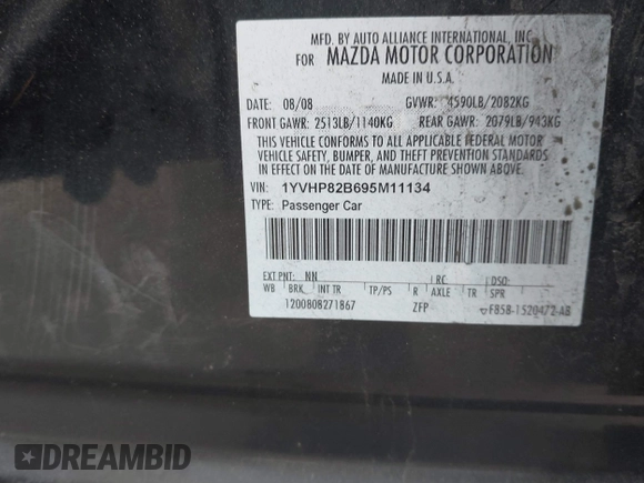 2009 Mazda 6 S Grand Touring with VIN 1YVHP82B695M11134, listed as a IAAI auction lot 41466574 with 225,300 mi miles and . Bid and sale history available at DreamBid. Image 9.