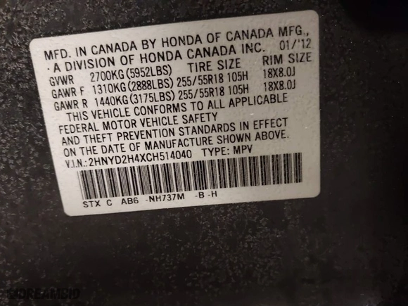 2012 Acura MDX Tech/Entertainment Pkg with VIN 2HNYD2H4XCH514040, listed as a IAAI auction lot 41564500 with 116,295 mi miles. Bid and sale history available at carsss.com. Image 9.