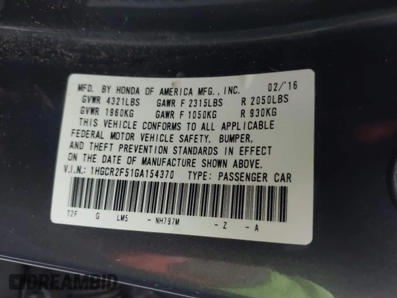 2016 Honda Accord Sport с VIN 1HGCR2F51GA154370, выставлен на аукционе IAAI как лот 42419106 с пробегом 99 041 миль миль и . История ставок и продаж доступна на DreamBid. Изображение 9.