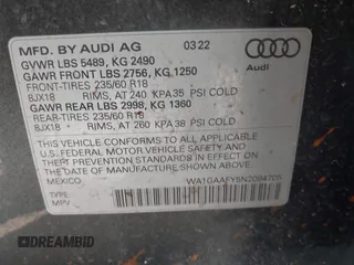 2022 Audi Q5 S line Premium with VIN WA1GAAFY5N2094705, listed as a IAAI auction lot 41175322 with 53,969 mi miles and . Bid and sale history available at DreamBid. Image 9.