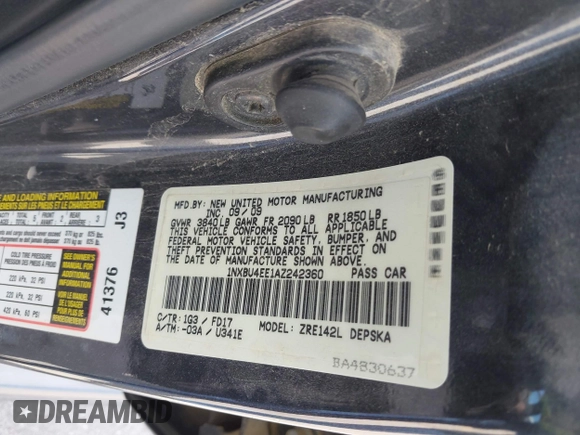 2010 Toyota Corolla with VIN 1NXBU4EE1AZ242360, listed as a IAAI auction lot 42271577 with 166,472 mi miles and . Bid and sale history available at DreamBid. Image 9.