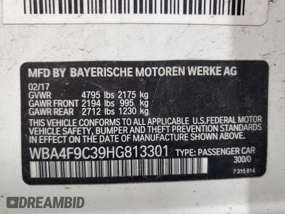 2017 BMW 4 Series 430i xDrive with VIN WBA4F9C39HG813301, listed as a Copart auction lot 55651145 with 142,752 mi miles and Salvage title. Bid and sale history available at DreamBid. Image 12.