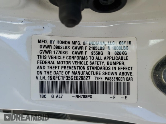 2016 Honda Civic EX-T z VIN 19XFC1F35GE029827, wystawiony jako Copart lot #55698325 z przebiegiem 108 297 mil mil oraz Szkoda całkowita • Salvage title. Historia ofert i sprzedaży dostępna na DreamBid. Obrazek 12.