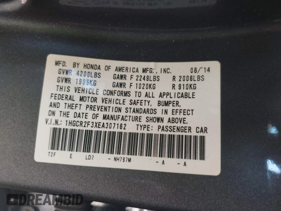 2014 Honda Accord LX z VIN 1HGCR2F3XEA307162, wystawiony jako IAAI lot #42371221 z przebiegiem 144 818 mil mil oraz . Historia ofert i sprzedaży dostępna na DreamBid. Obrazek 9.