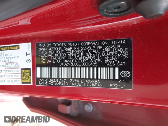2014 Toyota Prius Two with VIN JTDZN3EU5EJ000485, listed as a IAAI auction lot 41511781 with 167,275 mi miles and . Bid and sale history available at DreamBid. Image 9.