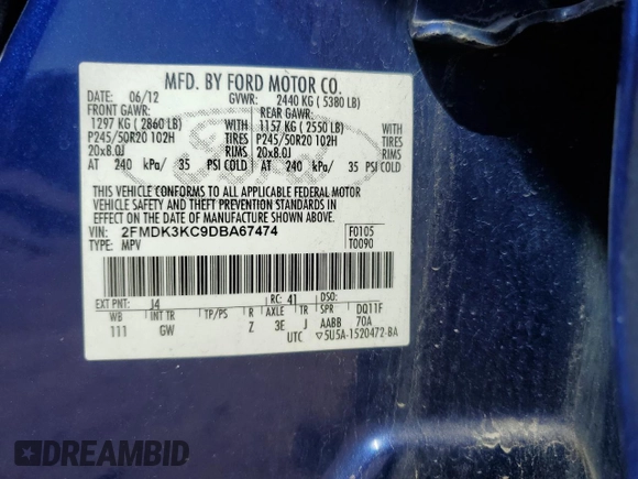 2013 Ford Edge Limited z VIN 2FMDK3KC9DBA67474, wystawiony jako Copart lot #55155285 z przebiegiem 134 348 mil mil oraz Szkoda całkowita • Salvage title. Historia ofert i sprzedaży dostępna na DreamBid. Obrazek 12.