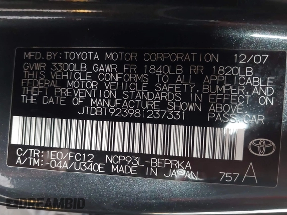 2008 Toyota Yaris с VIN JTDBT923981237331, выставлен на аукционе IAAI как лот 42278508 с пробегом 221 691 миль миль и . История ставок и продаж доступна на DreamBid. Изображение 9.