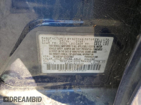2016 Nissan Sentra SV with VIN 3N1AB7AP1GY337847, listed as a Copart auction lot 50932195 with 164,894 mi miles and Salvage Title. Bid and sale history available at DreamBid. Image 12.