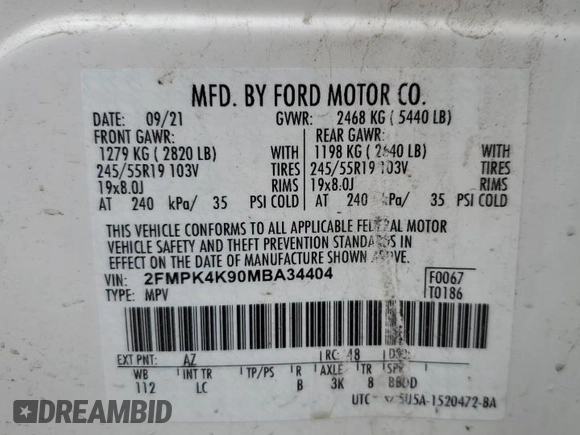 2021 Ford Edge Titanium with VIN 2FMPK4K90MBA34404, listed as a Copart auction lot 61762715 with 45,102 mi miles and Salvage title. Bid and sale history available at DreamBid. Image 12.