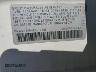 2012 Volkswagen CC Sport PZEV with VIN WVWMP7AN4CE512996, listed as a Copart auction lot 77027114 with 109,527 mi miles and Salvage Title. Bid and sale history available at carsss.com. Image 12.