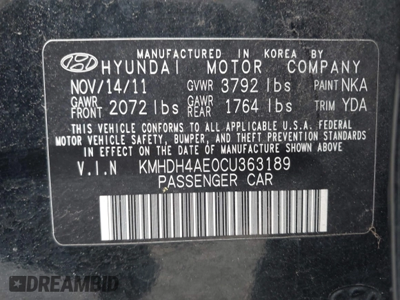 2012 Hyundai Elantra Limited z VIN KMHDH4AE0CU363189, wystawiony jako IAAI lot #42249459 z przebiegiem 121 470 mil mil oraz . Historia ofert i sprzedaży dostępna na DreamBid. Obrazek 9.