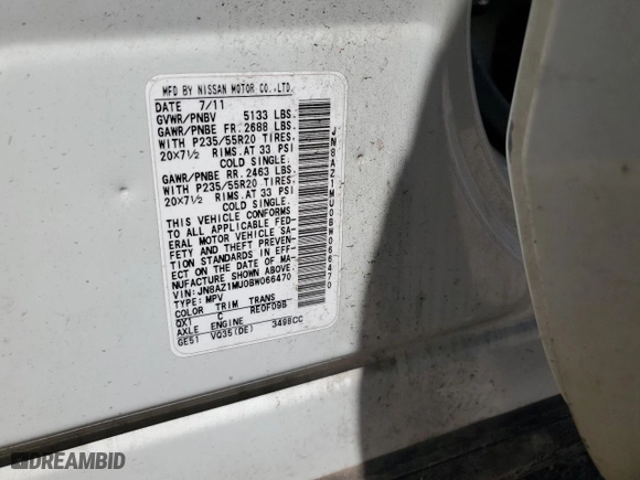2011 Nissan Murano LE with VIN JN8AZ1MU0BW066470, listed as a Copart auction lot 54093305 with 195,894 mi miles and Clean Title. Bid and sale history available at carsss.com. Image 13.