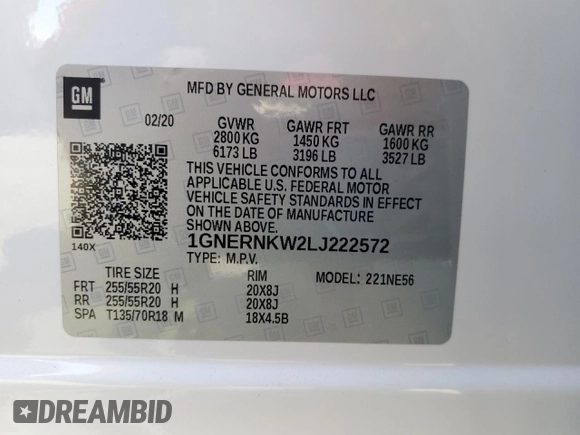 2020 Chevrolet Traverse High Country with VIN 1GNERNKW2LJ222572, listed as a Copart auction lot 54687115 with 109,652 mi miles and Salvage title. Bid and sale history available at DreamBid. Image 13.