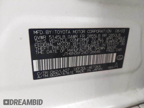 2004 Lexus LS 430 with VIN JTHBN36F240126646, listed as a Copart auction lot 53866695 with 126,363 mi miles and Salvage Title. Bid and sale history available at DreamBid. Image 12.