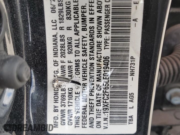 2020 Honda Civic LX with VIN 19XFC2F65LE019406, listed as a Copart auction lot 53337745 with 54,954 mi miles and Non Repairable. Bid and sale history available at DreamBid. Image 13.