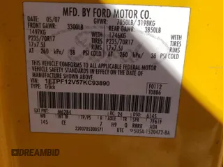 2007 Ford F-150 XL with VIN 1FTPF12V57KC93890, listed as a Copart auction lot 48167925 with 0 mi miles and Salvage Title. Bid and sale history available at carsss.com. Image 12.