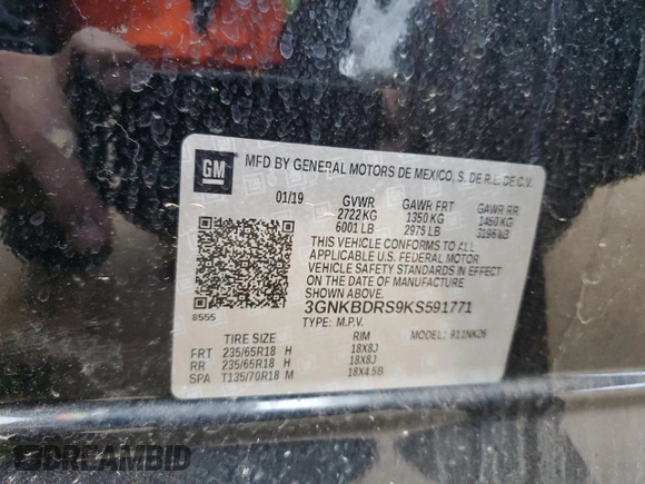 2019 Chevrolet Blazer z VIN 3GNKBDRS9KS591771, wystawiony jako Copart lot #49170475 z przebiegiem 118 000 mil mil oraz Szkoda całkowita • Salvage title. Historia ofert i sprzedaży dostępna na DreamBid. Obrazek 13.