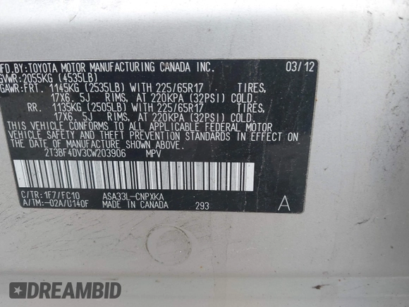 2012 Toyota RAV4 с VIN 2T3BF4DV3CW203906, выставлен на аукционе IAAI как лот 42604342 с пробегом 125 214 миль миль и . История ставок и продаж доступна на DreamBid. Изображение 9.