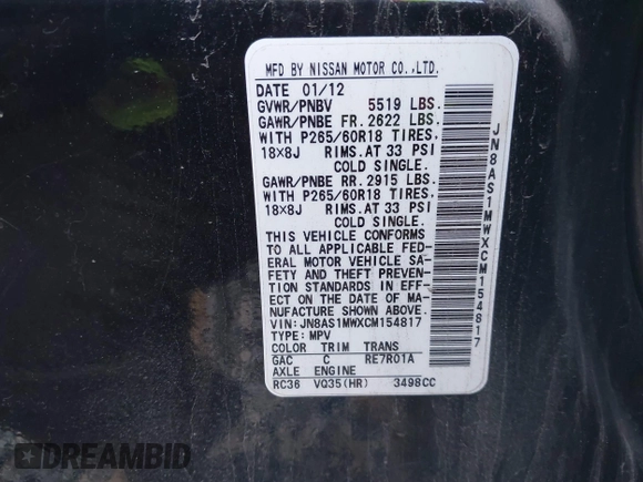 2012 Infiniti FX35 with VIN JN8AS1MWXCM154817, listed as a IAAI auction lot 41561329 with 198,224 mi miles. Bid and sale history available at carsss.com. Image 9.