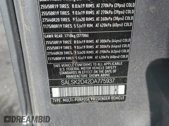 2013 Land Rover Range Rover Sport HSE Lux with VIN SALSK2D42DA775937, listed as a Copart auction lot 59769845 with 89,835 mi miles and Salvage title. Bid and sale history available at DreamBid. Image 13.