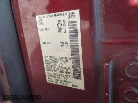 2010 Nissan Altima SL z VIN 1N4AL2AP3AN552038, wystawiony jako IAAI lot #42132761 z przebiegiem 152 335 mil mil oraz . Historia ofert i sprzedaży dostępna na DreamBid. Obrazek 9.