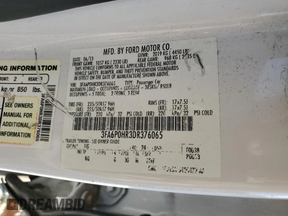 2013 Ford Fusion SE with VIN 3FA6P0HR3DR376065, listed as a Copart auction lot 89326765 with 136,226 mi miles and Clean Title. Bid and sale history available at carsss.com. Image 13.