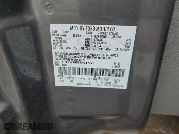 2007 Ford F-150 XLT with VIN 1FTPW14577FB17770, listed as a Copart auction lot 58917245 with 93,133 mi miles and Salvage title. Bid and sale history available at DreamBid. Image 12.