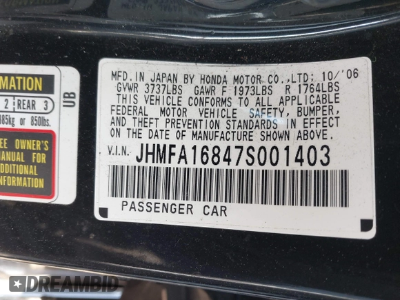 2007 Honda Civic EX with VIN JHMFA16847S001403, listed as a IAAI auction lot 42111350 with 169,340 mi miles and . Bid and sale history available at DreamBid. Image 9.