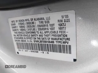 2005 Honda Odyssey EX-L with VIN 5FNRL38705B106488, listed as a IAAI auction lot 42545141 with 199,619 mi miles and . Bid and sale history available at DreamBid. Image 9.
