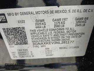2022 Chevrolet Equinox LT z VIN 3GNAXKEV3NL281177, wystawiony jako IAAI lot #42020213 z przebiegiem 80 033 mil mil oraz . Historia ofert i sprzedaży dostępna na DreamBid. Obrazek 9.