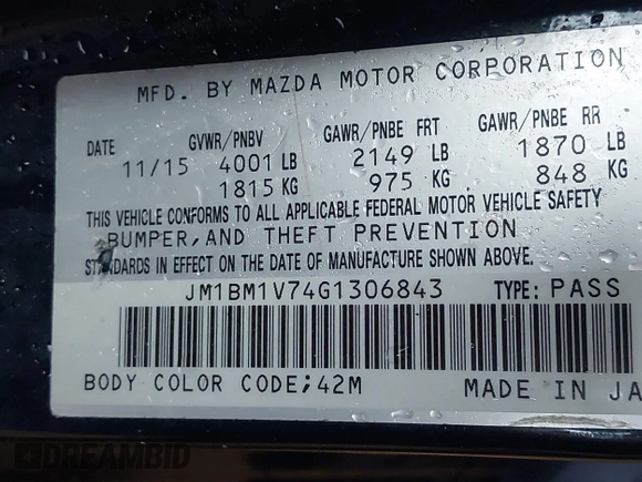 2016 Mazda 3 i Touring with VIN JM1BM1V74G1306843, listed as a IAAI auction lot 42358429 with 168,412 mi miles and . Bid and sale history available at DreamBid. Image 9.