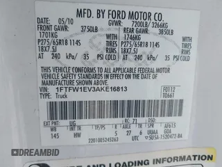 2010 Ford F-150 XL with VIN 1FTFW1EV3AKE16813, listed as a IAAI auction lot 41999051 with 206,457 mi miles. Bid and sale history available at carsss.com. Image 9.